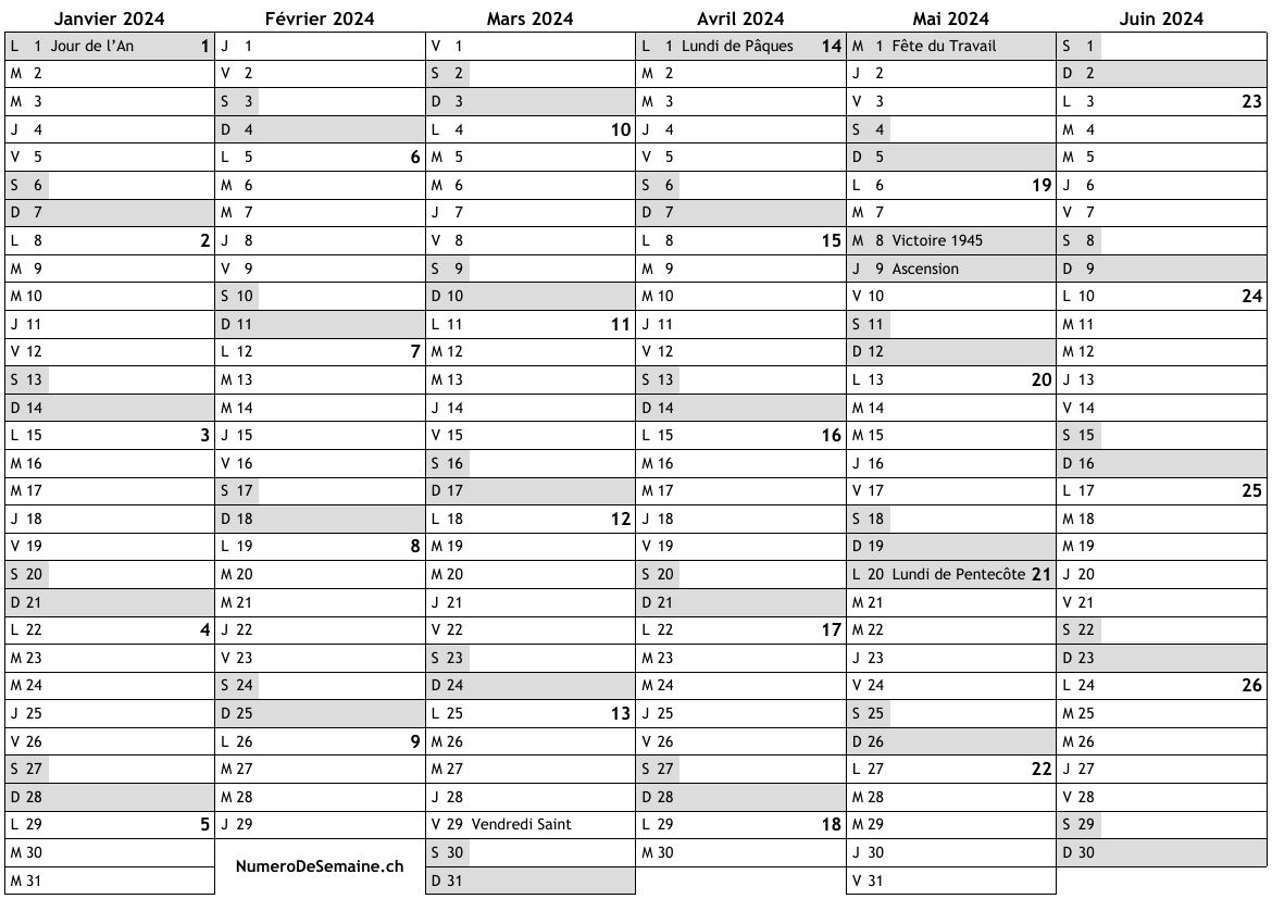 Calendrier 2024 avec jours fériés en France et numéro des semaines