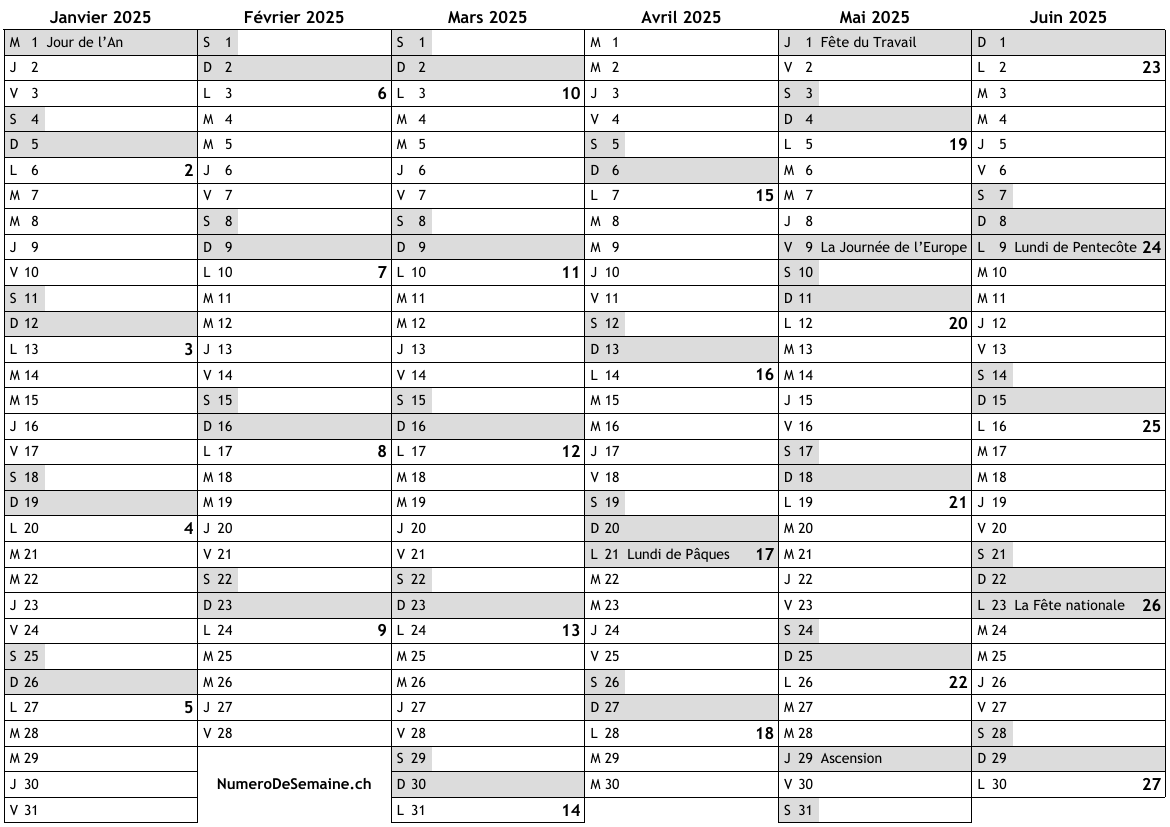 Calendrier 2025 avec jours fériés en Luxembourg et numéro des semaines