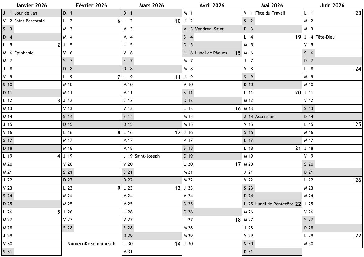 Calendrier 2026 avec jours fériés en Suisse et numéro des semaines